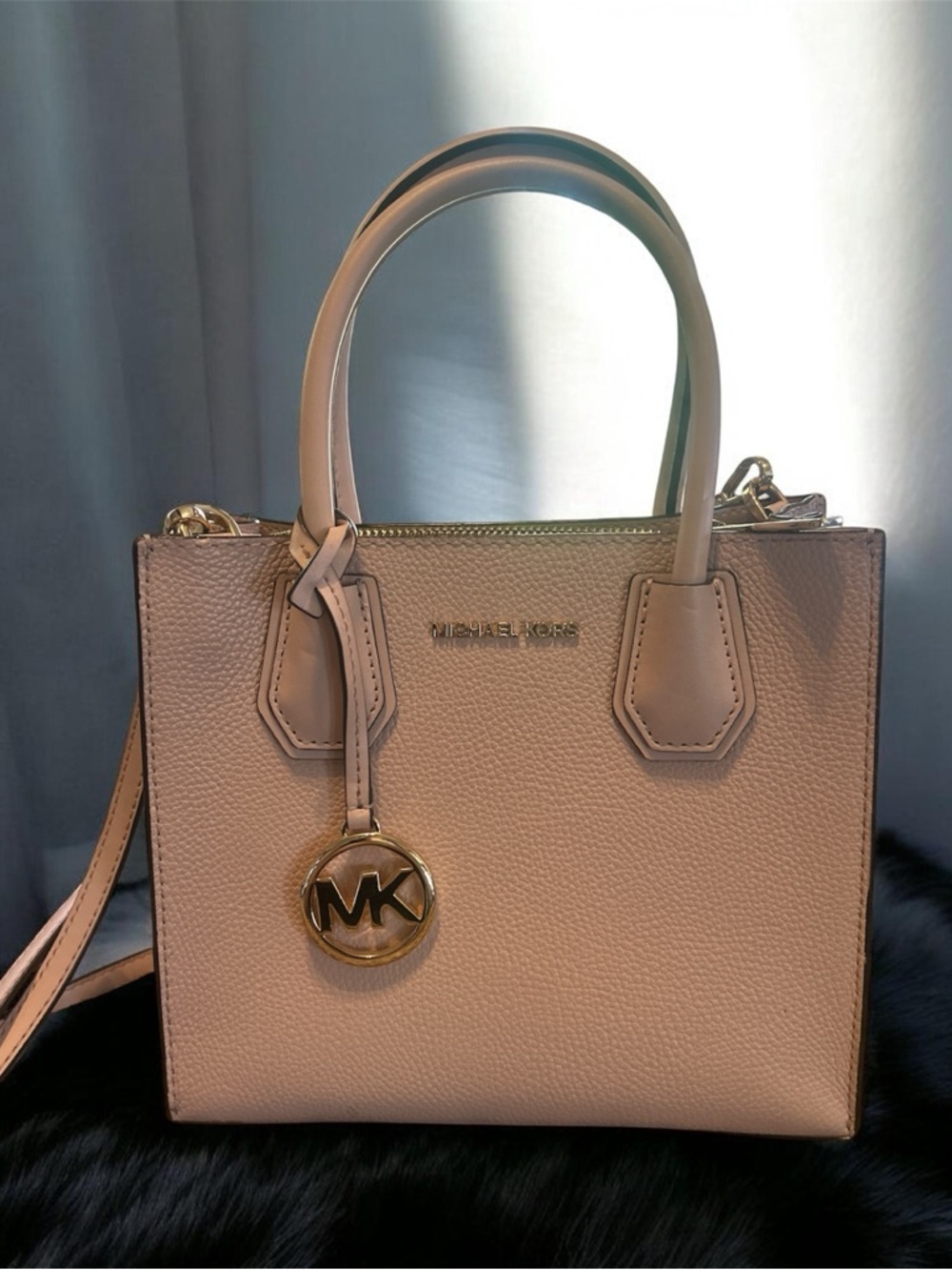 Michael Kors Blush Pebbled Leather Mercer Satchel with Gold MK Charm
